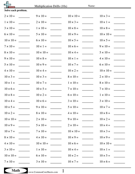 Math Drills Worksheets - Multiplication Drills (10s) worksheet
